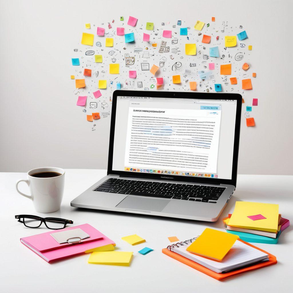 A dynamic workspace filled with digital blogging tools, vibrant ideas floating in the air, and a glowing computer screen showcasing a beautifully designed blog. Include elements like a notebook, coffee cup, and colorful sticky notes scattered around. The atmosphere should convey creativity and productivity, emphasizing the transformation of a digital presence. super-realistic. vibrant colors. white background.