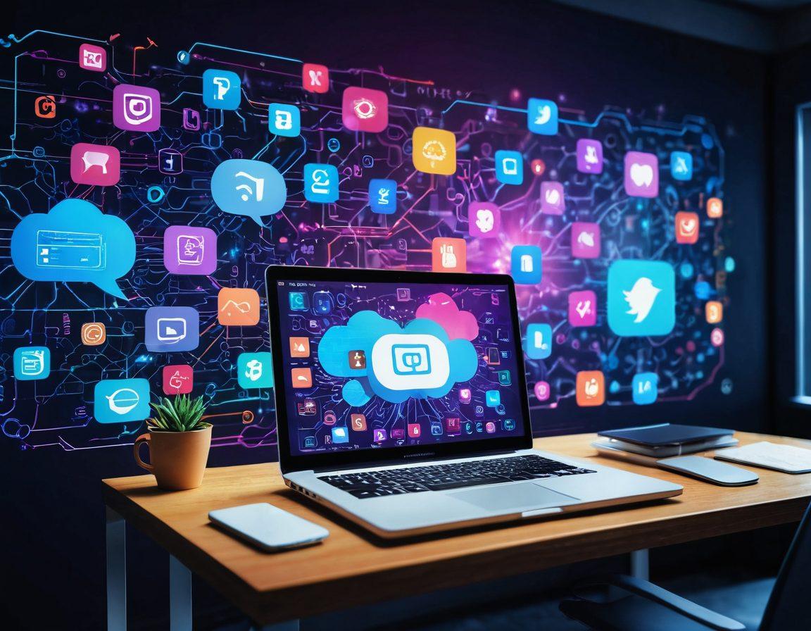 A vibrant digital landscape featuring a laptop with a glowing screen displaying a blog interface, surrounded by symbols of social media and web hosting like server icons and chat bubbles. In the background, a diverse group of people collaboratively brainstorming ideas in a modern workspace, with bright colors symbolizing creativity and innovation. Digital elements like binary code and cloud icons float around, emphasizing a tech-savvy theme. super-realistic. vibrant colors. 3D.
