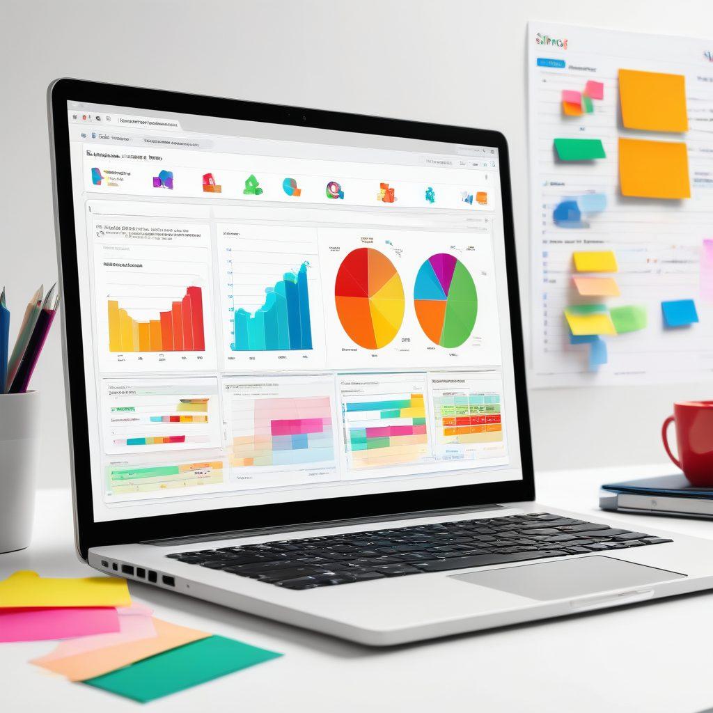 A modern digital workspace featuring a laptop displaying SEO analytics, a vibrant graph showcasing rising metrics, and an open domain management dashboard. Surrounding the laptop are colorful sticky notes with expert tips and keywords. Soft light illuminating the scene showcases a sense of innovation and success. super-realistic. vibrant colors. clean white background.